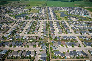 Aerial drone view of the small city of Warman, Saskatchewan, Canada