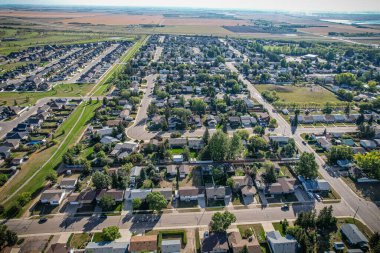 Aerial drone view of the small city of Warman, Saskatchewan, Canada