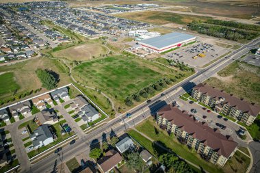 Aerial drone view of the small city of Warman, Saskatchewan, Canada