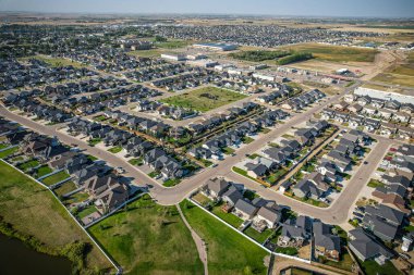 Aerial drone view of the small city of Warman, Saskatchewan, Canada