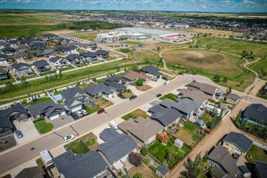 Aerial drone view of the small city of Warman, Saskatchewan, Canada