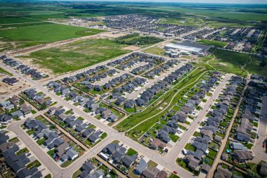Aerial drone view of the small city of Warman, Saskatchewan, Canada