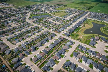 Aerial drone view of the small city of Warman, Saskatchewan, Canada