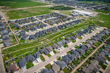 Aerial drone view of the small city of Warman, Saskatchewan, Canada