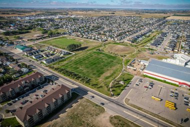 Aerial drone view of the small city of Warman, Saskatchewan, Canada