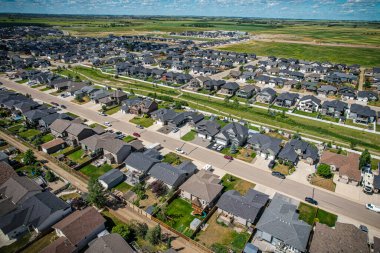 Aerial drone view of the small city of Warman, Saskatchewan, Canada