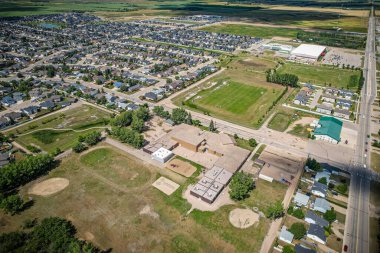 Aerial drone view of the small city of Warman, Saskatchewan, Canada