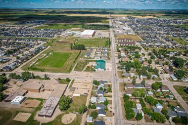 Aerial drone view of the small city of Warman, Saskatchewan, Canada