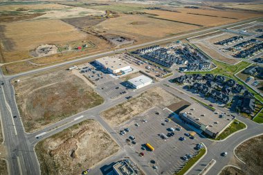 Aerial drone view of the small city of Warman, Saskatchewan, Canada