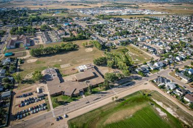 Aerial drone view of the small city of Warman, Saskatchewan, Canada