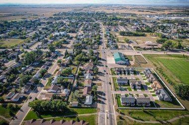 Aerial drone view of the small city of Warman, Saskatchewan, Canada