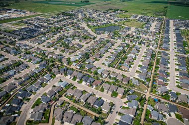 Aerial drone view of the small city of Warman, Saskatchewan, Canada