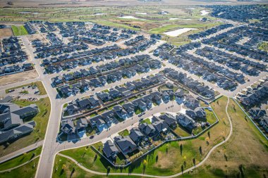 Aerial drone view of the small city of Warman, Saskatchewan, Canada