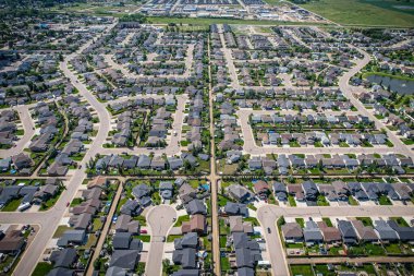 Aerial drone view of the small city of Warman, Saskatchewan, Canada