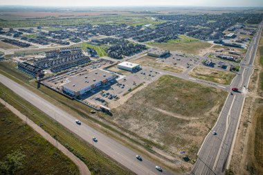 Aerial drone view of the small city of Warman, Saskatchewan, Canada