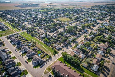Aerial drone view of the small city of Warman, Saskatchewan, Canada