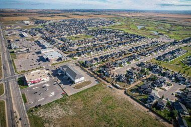 Aerial drone view of the small city of Warman, Saskatchewan, Canada