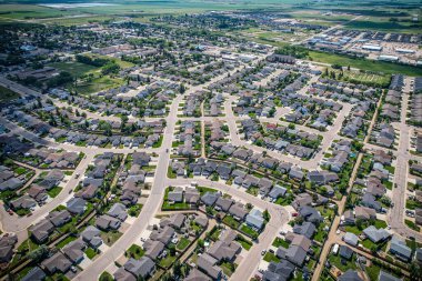 Aerial drone view of the small city of Warman, Saskatchewan, Canada