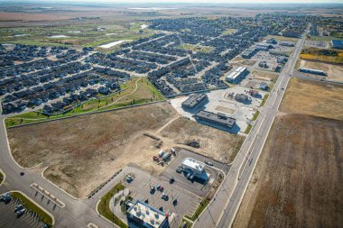 Aerial drone view of the small city of Warman, Saskatchewan, Canada