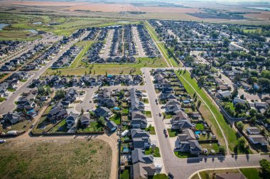 Aerial drone view of the small city of Warman, Saskatchewan, Canada
