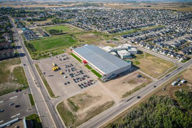 Aerial drone view of the small city of Warman, Saskatchewan, Canada