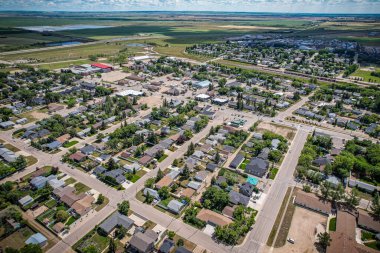 Aerial drone view of the small city of Warman, Saskatchewan, Canada
