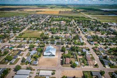 Aerial drone view of the small city of Warman, Saskatchewan, Canada
