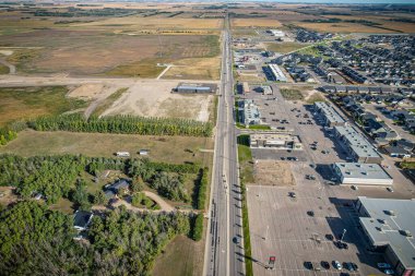 Aerial drone view of the small city of Warman, Saskatchewan, Canada