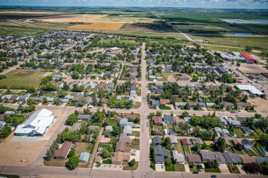 Aerial drone view of the small city of Warman, Saskatchewan, Canada