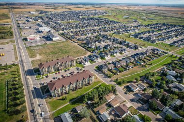 Aerial drone view of the small city of Warman, Saskatchewan, Canada