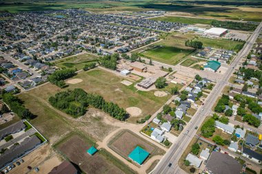 Aerial drone view of the small city of Warman, Saskatchewan, Canada