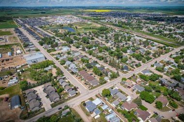 Aerial drone view of the small city of Warman, Saskatchewan, Canada