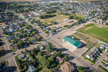Aerial drone view of the small city of Warman, Saskatchewan, Canada