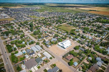 Aerial drone view of the small city of Warman, Saskatchewan, Canada
