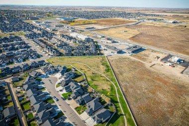 Aerial drone view of the small city of Warman, Saskatchewan, Canada