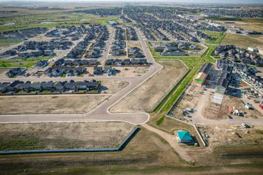 Aerial drone view of the small city of Warman, Saskatchewan, Canada