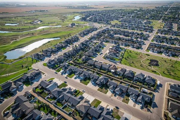 Aerial drone view of the small city of Warman, Saskatchewan, Canada