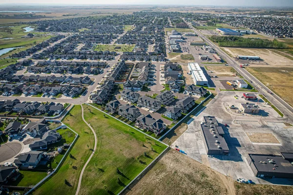Aerial drone view of the small city of Warman, Saskatchewan, Canada