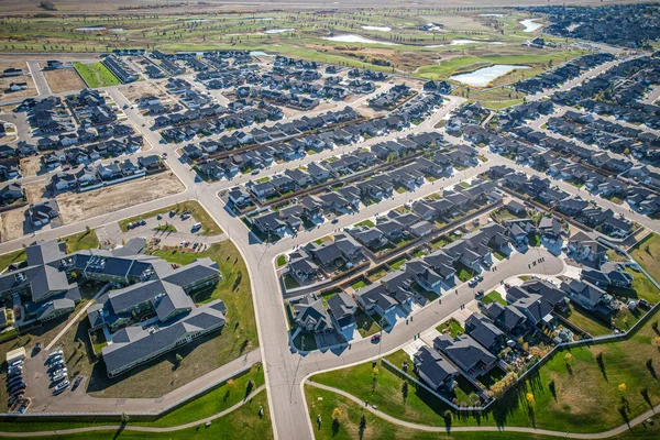 Aerial drone view of the small city of Warman, Saskatchewan, Canada