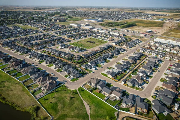 Aerial drone view of the small city of Warman, Saskatchewan, Canada
