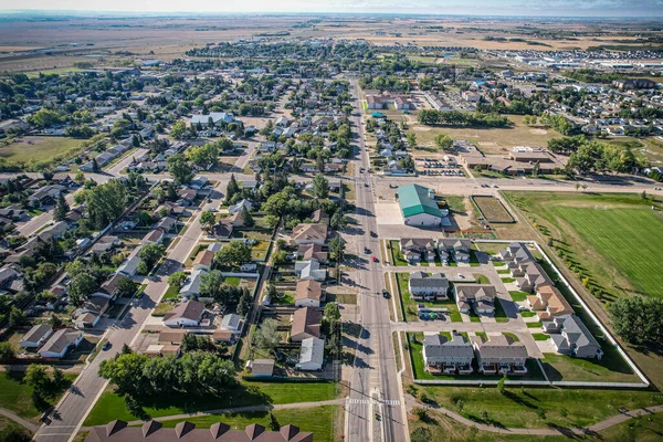 Aerial drone view of the small city of Warman, Saskatchewan, Canada