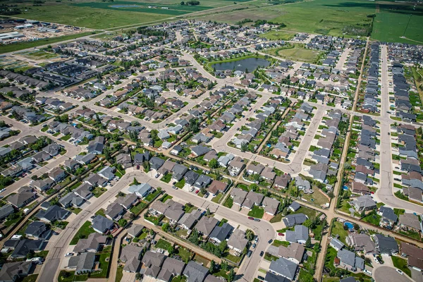 Aerial drone view of the small city of Warman, Saskatchewan, Canada