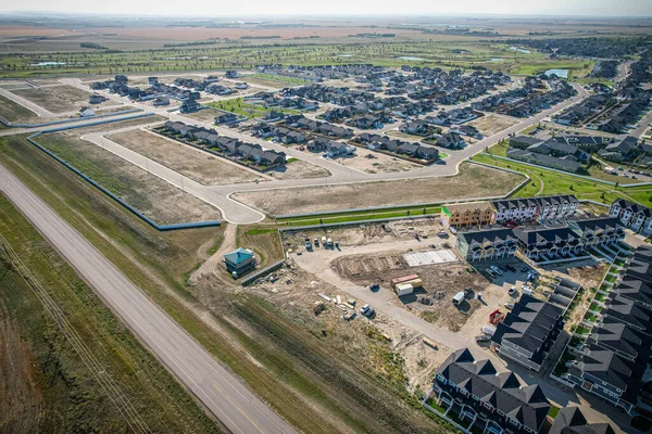 Aerial drone view of the small city of Warman, Saskatchewan, Canada