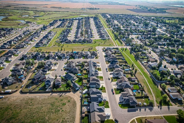 Aerial drone view of the small city of Warman, Saskatchewan, Canada