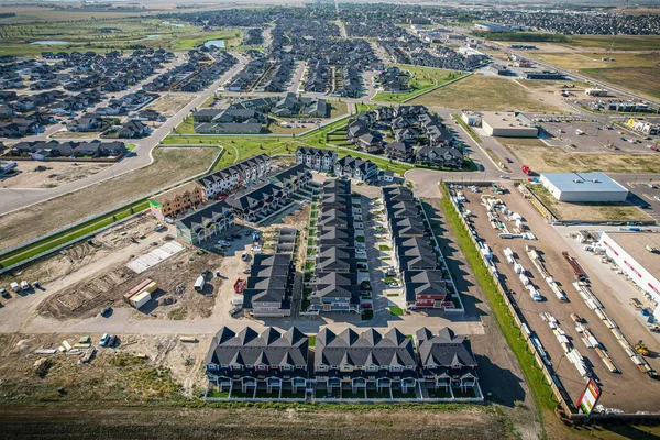 Aerial drone view of the small city of Warman, Saskatchewan, Canada