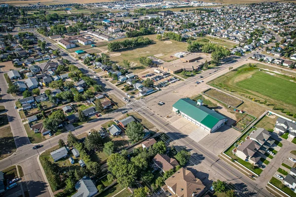 Aerial drone view of the small city of Warman, Saskatchewan, Canada