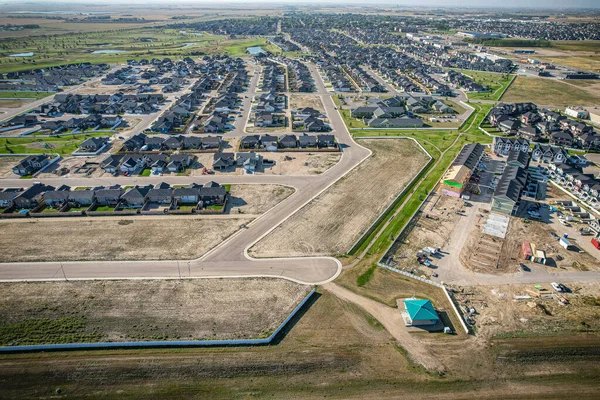 Aerial drone view of the small city of Warman, Saskatchewan, Canada