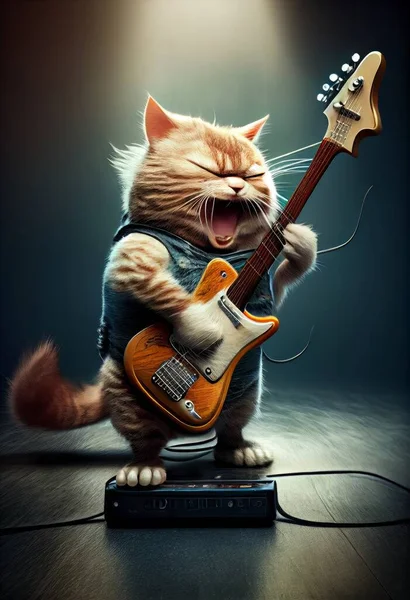 Rock N Roll Cool Cat laying a lick on his electric guitar