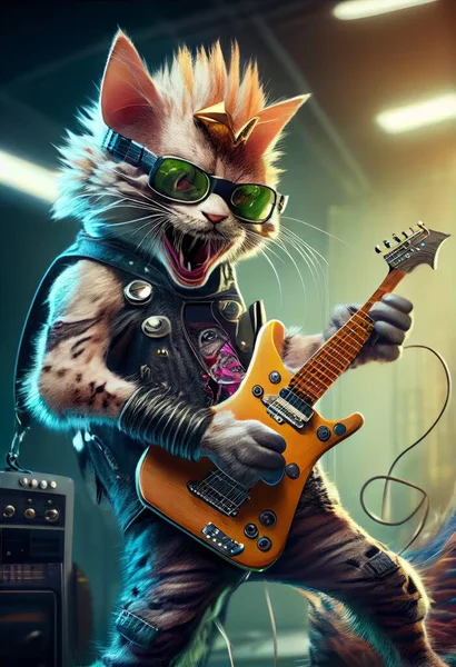 Rock N Roll Cool Cat laying a lick on his electric guitar