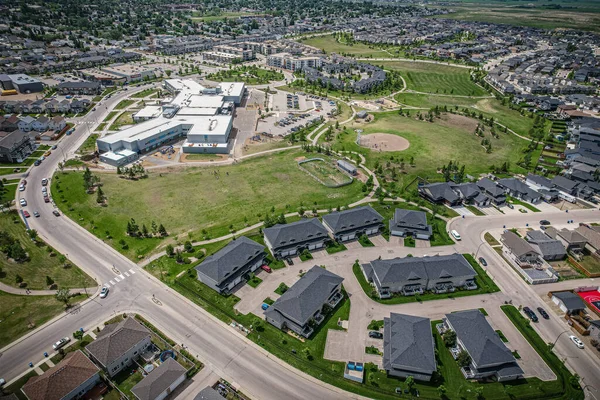 stock image Aerial view of Hampton Village which is the first suburb designed on Saskatoons west side to be modelled after the village concept.